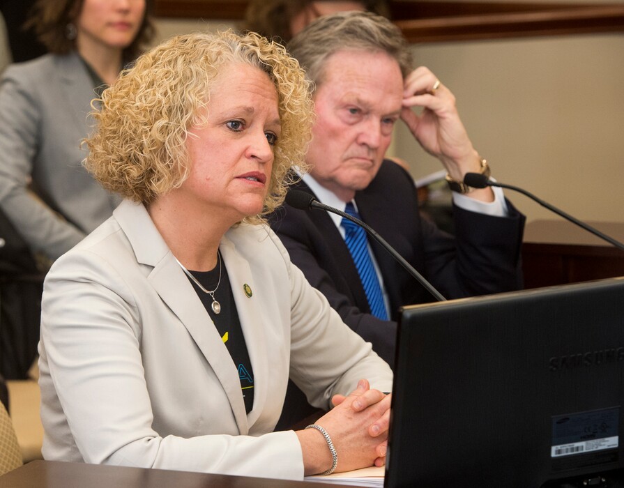 (Rick Egan  |  The Salt Lake Tribune)  Salt Lake City Mayor Jackie Biskupski makes a comment on SB234, the inland port bill, as sponsoring Sen. Jerry Stevenson, R-Layton, listens in the background, Friday, March 2, 2018.
