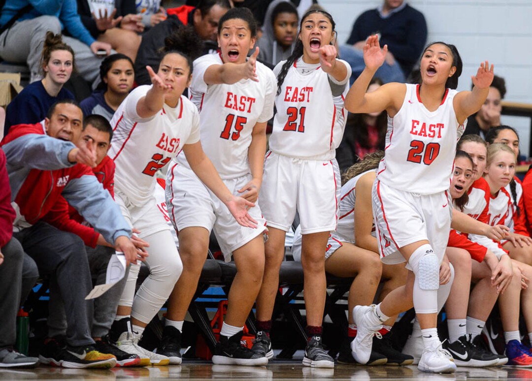 (Trent Nelson | The Salt Lake Tribune)  East players look for a call as East faces Viewmont in the 5A High School Girls' Basketball Tournament at SLCC in Taylorsville, Wednesday Feb. 21, 2018.
