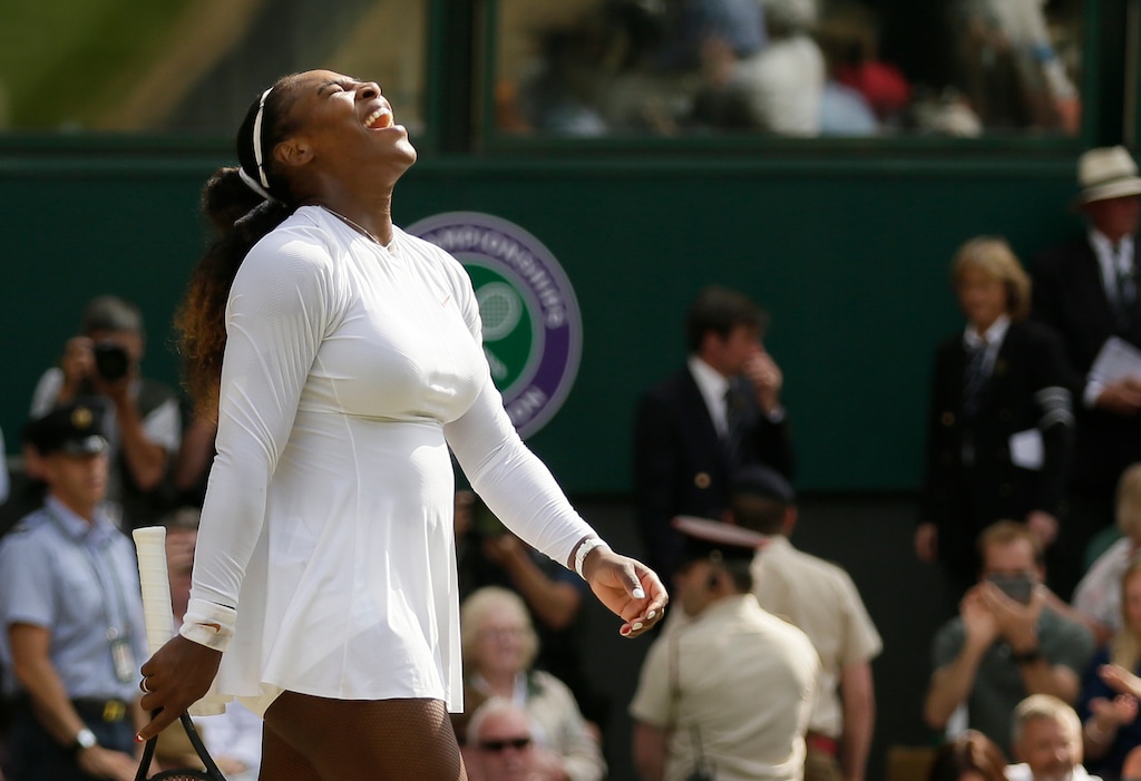 Serena Williams of the United States celebrates defeating Germany's Julia Gorges in their women's singles semifinals match at the Wimbledon Tennis Championships, in London, Thursday July 12, 2018.(AP Photo/Tim Ireland)
