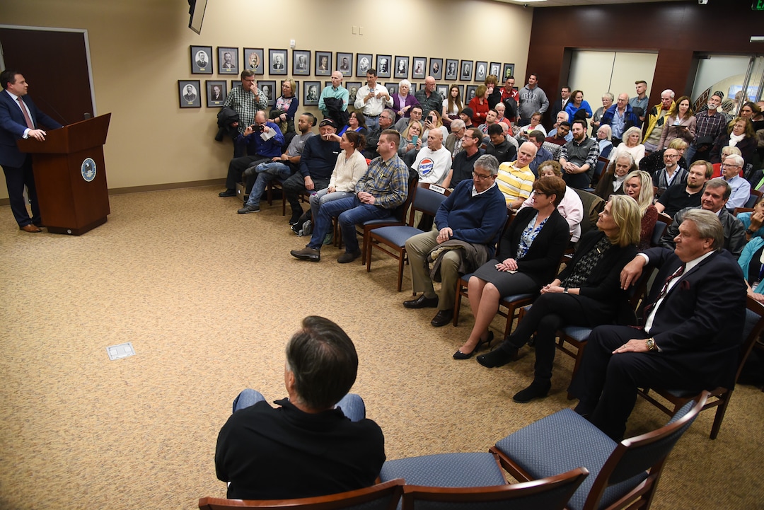 (Francisco Kjolseth  |  The Salt Lake Tribune)  U.S. Senator Mitt Romney, foreground, is introduced arrives for his town hall meeting at the Davis County administration building, Tuesday, January 22, 2019, to hear from local residents.