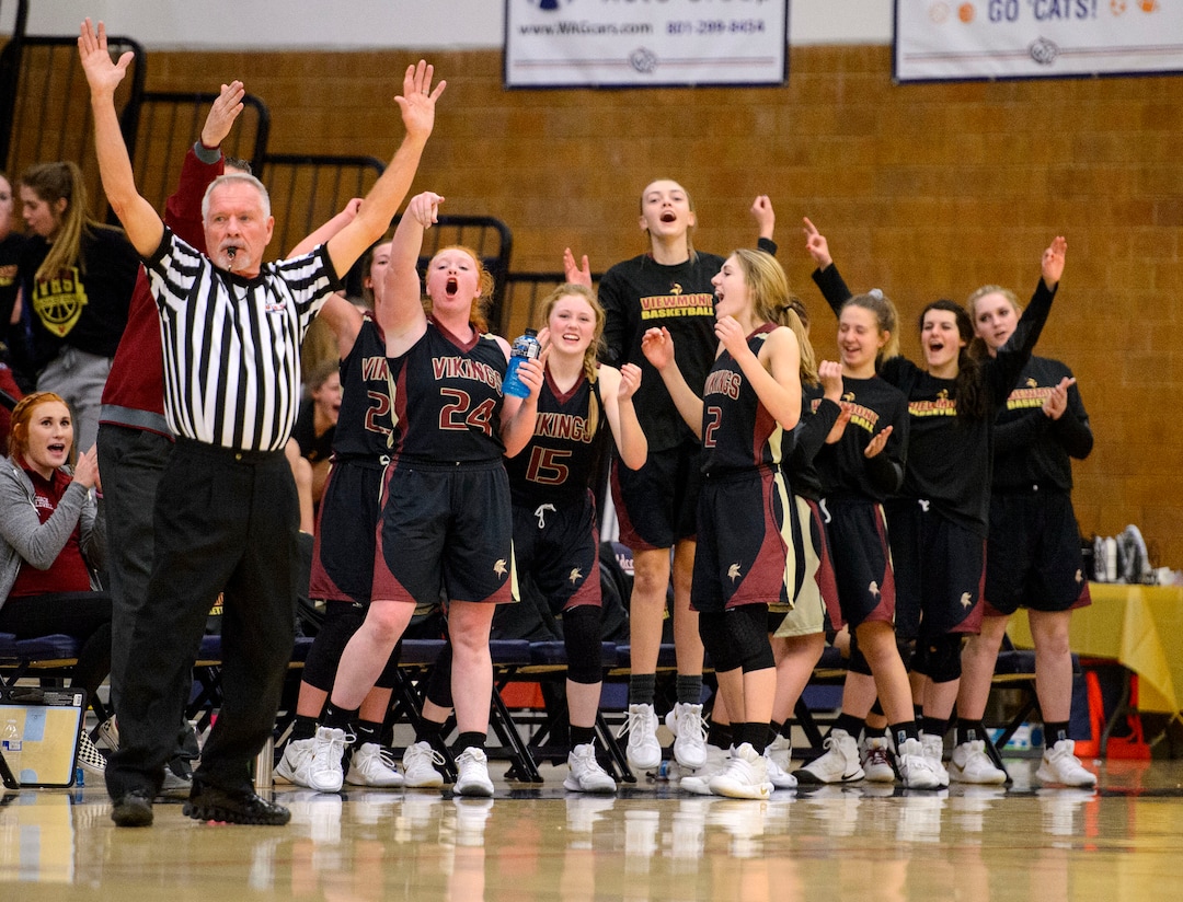 (Trent Nelson  |  The Salt Lake Tribune)  Viewmont players celebrate a three-pointer as Woods Cross hosts Viewpoint High School girls' basketball, Wednesday, January 24, 2018.