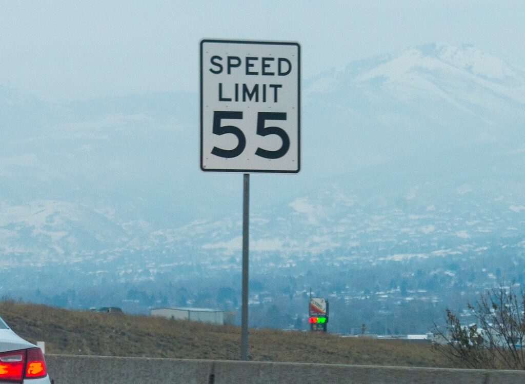 (Rick Egan  |  The Salt Lake Tribune)     Sign on the Legacy Parkway, stating the 55 mph speed limit. Thursday, Dec. 6, 2018.