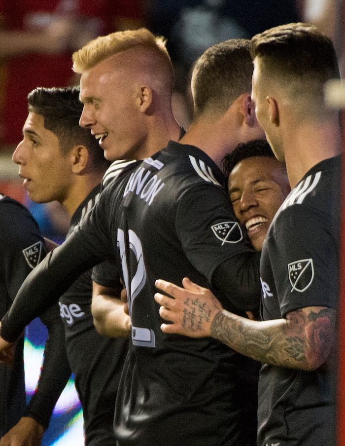 (Rick Egan  |  The Salt Lake Tribune) 
Real Salt Lake forward Brooks Lennon (12) hugs Salt Lake forward Joao Plata (10) after he scored a goal for Salt Lake, in MLS soccer action, between Real Salt Lake and Colorado Rapids,  at Rio Tinto Stadium, Saturday, April 21, 2018.


