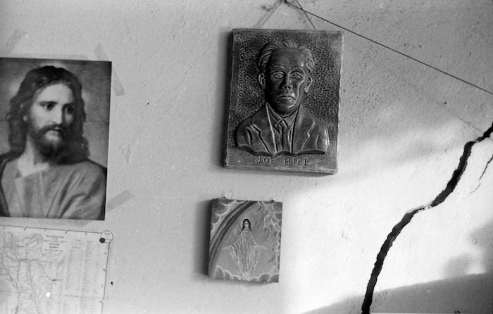 (photo courtesy Jerry Currier)  Art work depicting Jesus Christ and Joe Hill adorn a wall at the Joe Hill House of Hospitality in downtown Salt Lake City in 1961. The location opened its doors as a homeless shelter in Nov. 1961, serving up to 60 people a day free of charge.