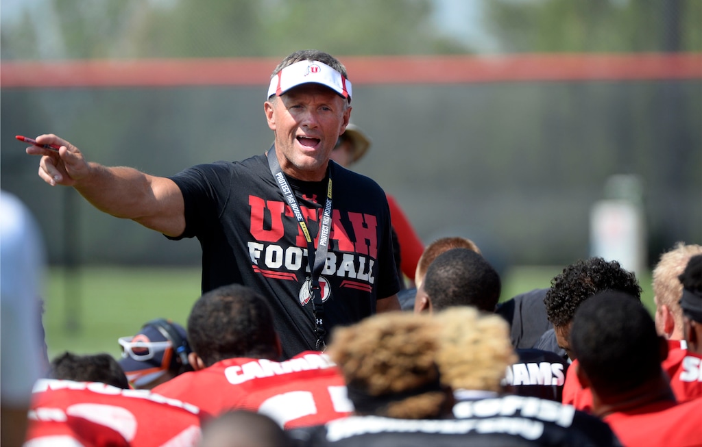 Al Hartmann  |  The Salt Lake TribuneUte head coach Kyle Whittingham gives some parting words to players at the end of practice Monday August 17. 