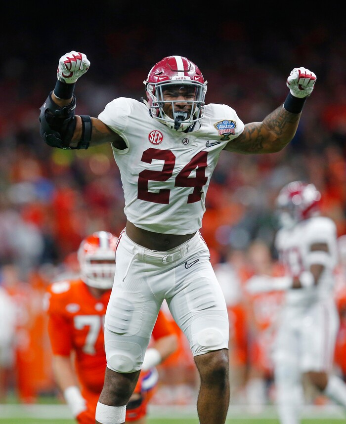 Alabama linebacker Terrell Lewis (24) reacts after nearly intercepting a pass in the second half of the Sugar Bowl semi-final playoff game against Clemson for the NCAA college football national championship, in New Orleans, Monday, Jan. 1, 2018. (AP Photo/Butch Dill)