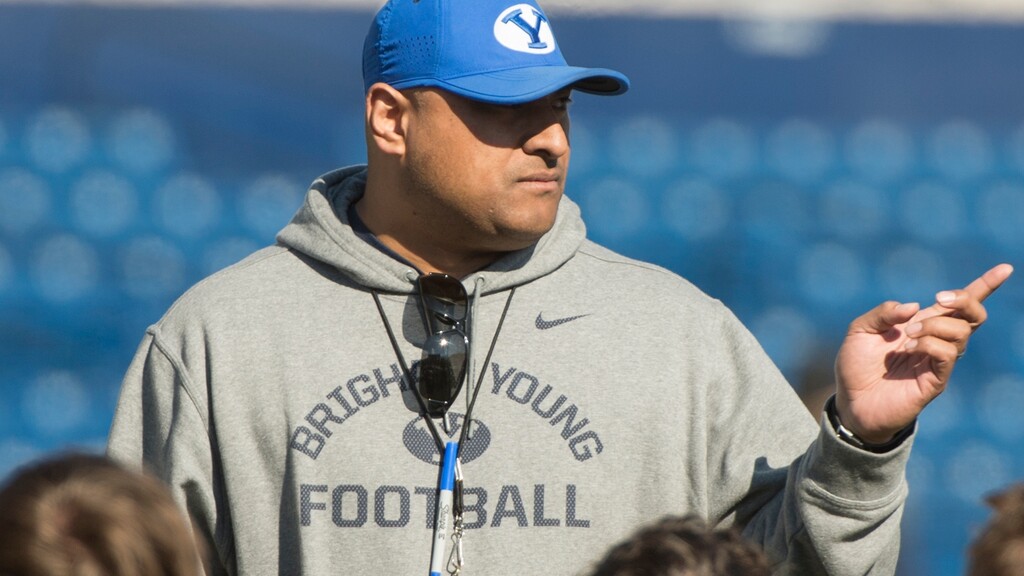 Rick Egan  |  The Salt Lake TribuneBYU head football coach Kalani Sitake  takes to his team after BYU's final practice of spring camp, at LaVell Edwards Stadium, Friday, April 1, 2016.