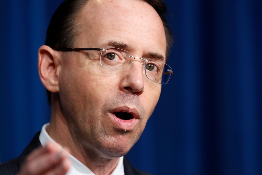 (Jacquelyn Martin | The Associated Press) Deputy Attorney General Rod Rosenstein speaks at DEA Headquarters in Arlington, Va., Tuesday, June 6, 2017. U.S. House Republicans are drafting a contempt of Congress resolution against Deputy Attorney General Rod Rosenstein and FBI Director Christopher Wray, claiming stonewalling in producing material related to the Russia-Trump probes and other matters.