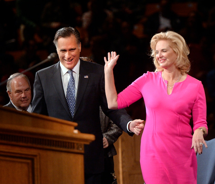 (Al Hartmann | Tribune file photo) 2012 Republican presidential candidate Mitt Romney and wife Ann take the stage at the BYU Marriott Center in 2017. Mrs. Romney — along with former first lady Michelle Obama — is scheduled to appear in an ABC TV special to encourage voting.