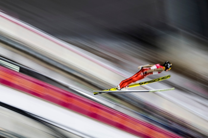(Chris Detrick  |  The Salt Lake Tribune)  USA's Abby Ringquist competes in the Ladies' Normal Hill Individual at the Alpensia Ski Jumping during the Pyeongchang 2018 Winter Olympics Monday, February 12, 2018.  Ringquist finished in 29th place with a total of 144.4.