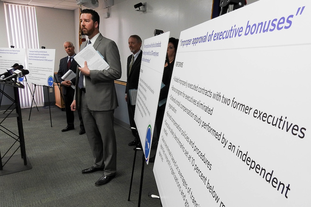 (Trent Nelson | Tribune file photo) Utah Transit Authority officials at a news conference on April 4, 2017 about a deal with federal prosecutors to avoid charges in exchange for cooperating in a probe involving then-current and former board members.