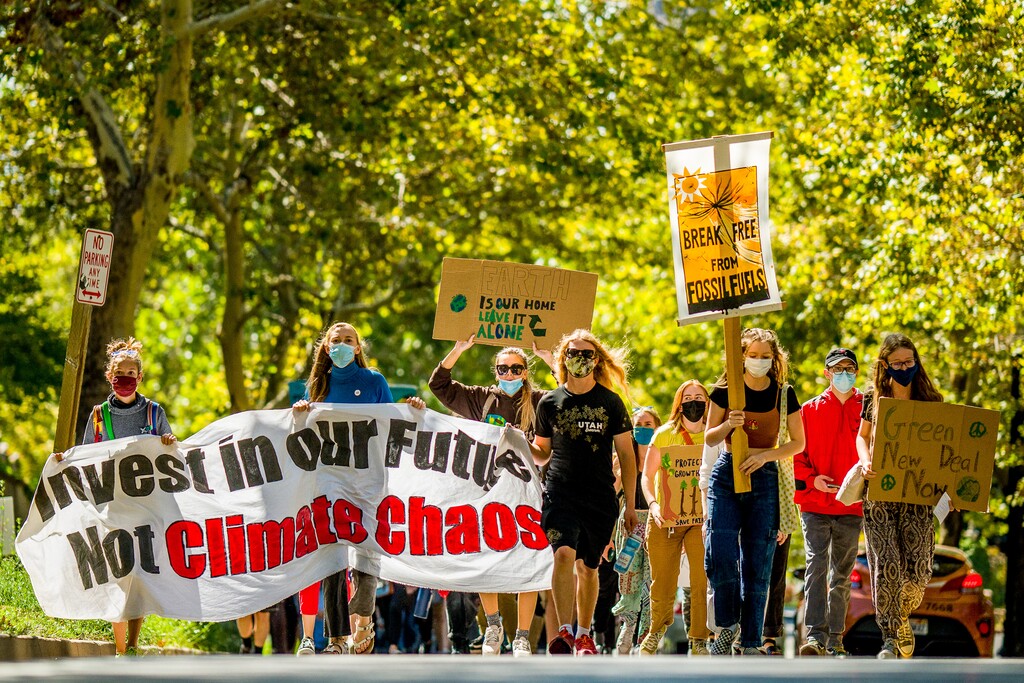(Trent Nelson  |  The Salt Lake Tribune) Youth march to the State Capitol in Salt Lake City for Future Utah’s climate strike on Friday, Sept. 24, 2021..