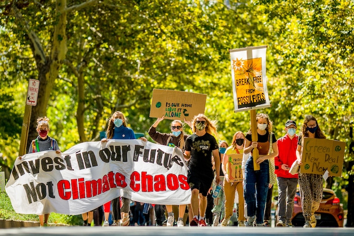 (Trent Nelson | The Salt Lake Tribune) Youth march to the State Capitol in Salt Lake City for Future Utah’s climate strike on Friday, Sept. 24, 2021..