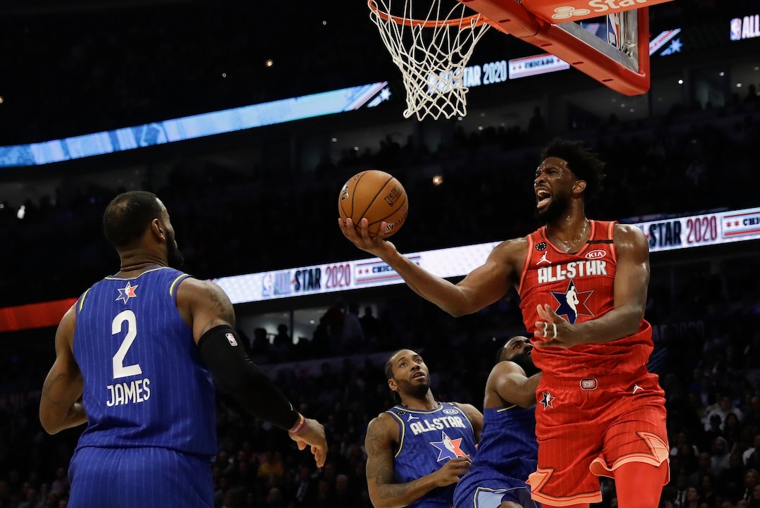 Joel Embiid of the Philadelphia 76ers shoots during the second half of the NBA All-Star basketball game Sunday, Feb. 16, 2020, in Chicago. (AP Photo/Nam Huh)