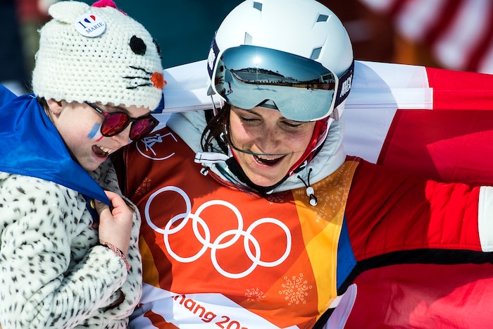 (Chris Detrick  |  The Salt Lake Tribune)  Marie Martinod of France celebrates with her daughter Meli Rose, 8, after the Ladies' Ski Halfpipe Final Run at Phoenix Park during the Pyeongchang 2018 Winter Olympics Tuesday, Feb. 20, 2018. 