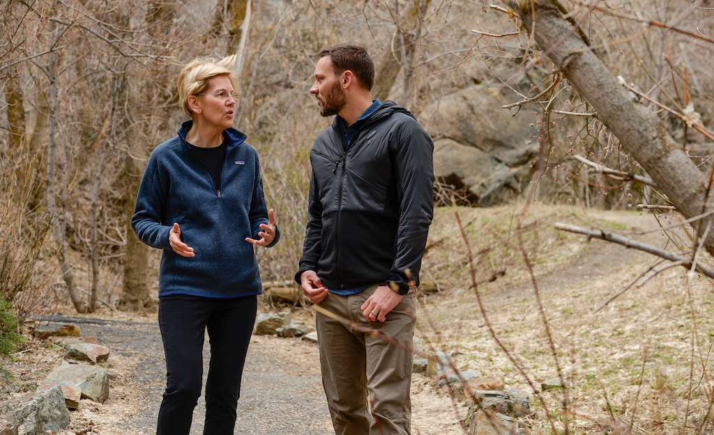Leah Hogsten | The Salt Lake Tribune
Massachusetts Sen. Elizabeth Warren takes a walking tour with Carl Fisher, executive director of Utah's Save Our Canyons organizationat Storm Mountain Picnic Area in Big Cottonwood Canyon, April 17, 2019 before speaking to Utah supporters Wednesday evening. Sen. Warren is a Democratic 2020 presidential candidate.