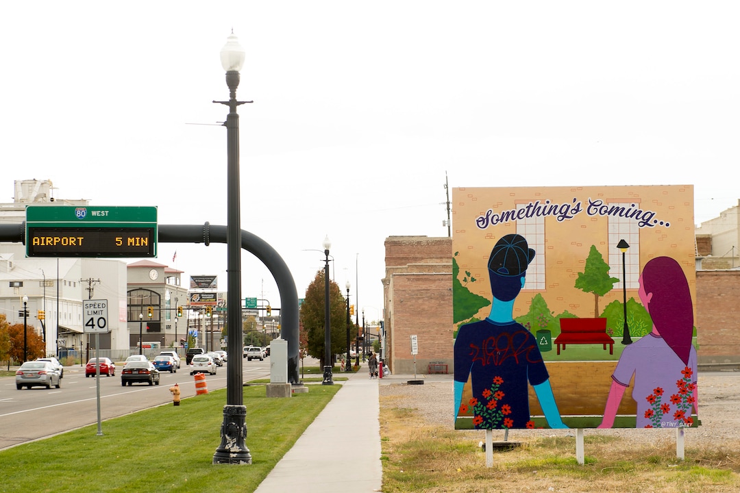 (Jeremy Harmon  |  The Salt Lake Tribune) A colorful sign alludes to things to come as developers plan to remake a 12.4-acre area just west of downtown Salt Lake City. The development, called Post District, is mostly comprised of the block between 300 and 400 West and 500 and 600 South. Photographed on Thursday, Oct. 17, 2019.