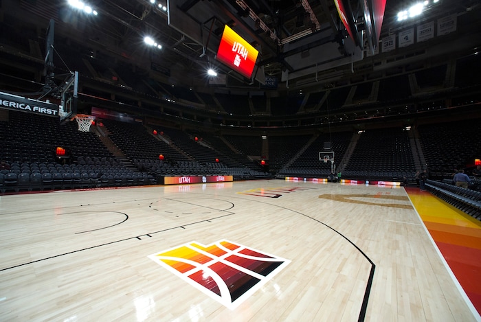 (Rick Egan  |  The Salt Lake Tribune)    The Utah Jazz will play on their new City edition court with their City Edition Uniforms, Tuesday night. Monday, January 29, 2018.
