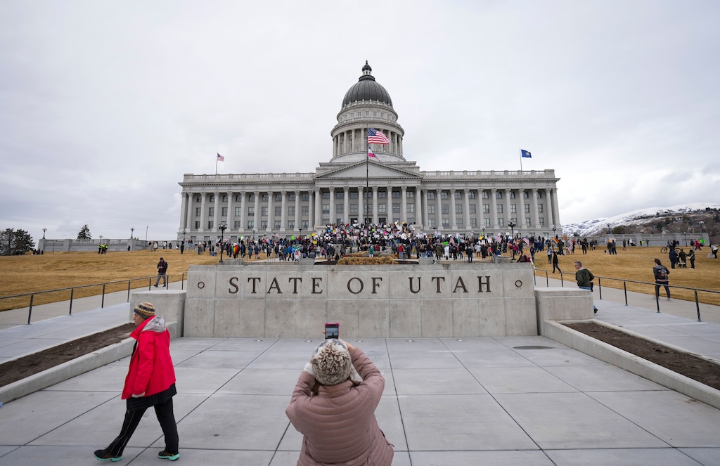 (Bethany Baker | The Salt Lake Tribune) Protesters gather on the steps of the Utah Capitol during a President's Day protest in Salt Lake City on Monday, Feb. 17, 2025.