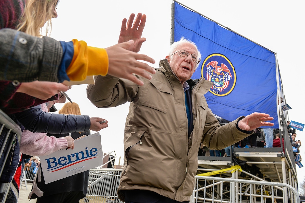(Leah Hogsten  |  The Salt Lake Tribune) Democratic presidential candidate Sen. Bernie Sanders greets his supporters at his rally at Utah State Fairpark, March 2, 2020, one day before Utah's Super Tuesday primary.