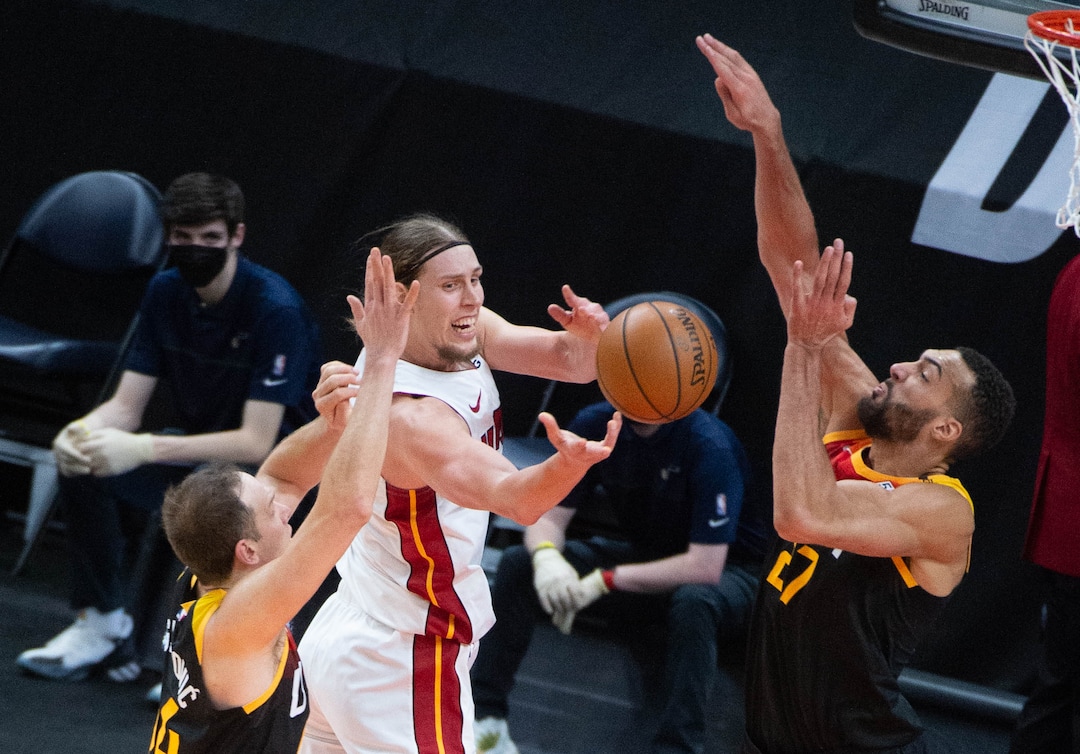 (Francisco Kjolseth  | The Salt Lake Tribune) Miami Heat forward Kelly Olynyk (9) is pressured by Utah Jazz forward Bojan Bogdanovic (44) and Utah Jazz center Rudy Gobert (27) as the Utah Jazz take on the Miami Heat at Vivint Smart Home Arena in Salt Lake City, on Saturday, Feb. 13, 2021.