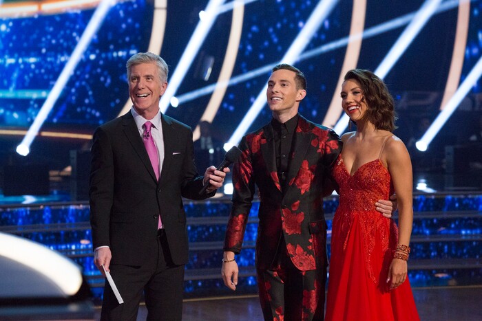(Photo: Kelsey McNeal/ABC) Host Tom Bergeron, Adam Rippon and Jenna Johnson on “Dancing with the Stars.”