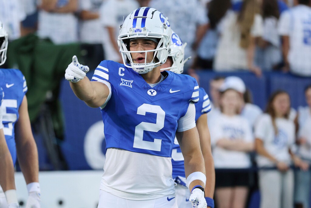 (Jeffrey D. Allred | AP) BYU wide receiver Chase Roberts warms up before a game in Provo earlier this season.