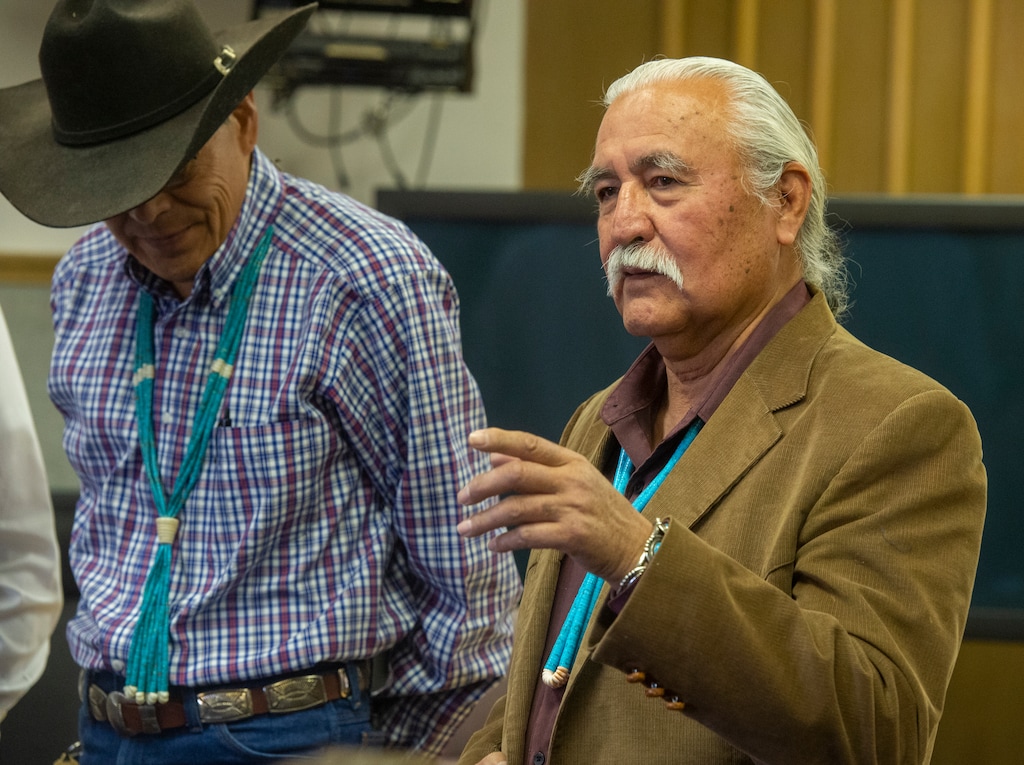 (Rick Egan  | Tribune file photo) Kenneth Maryboy and Willie Grayeyes thank their supporters, after being sworn in to the San Juan County Commission, at the San Juan County Courthouse in Monticello, Monday, Jan. 7, 2019.