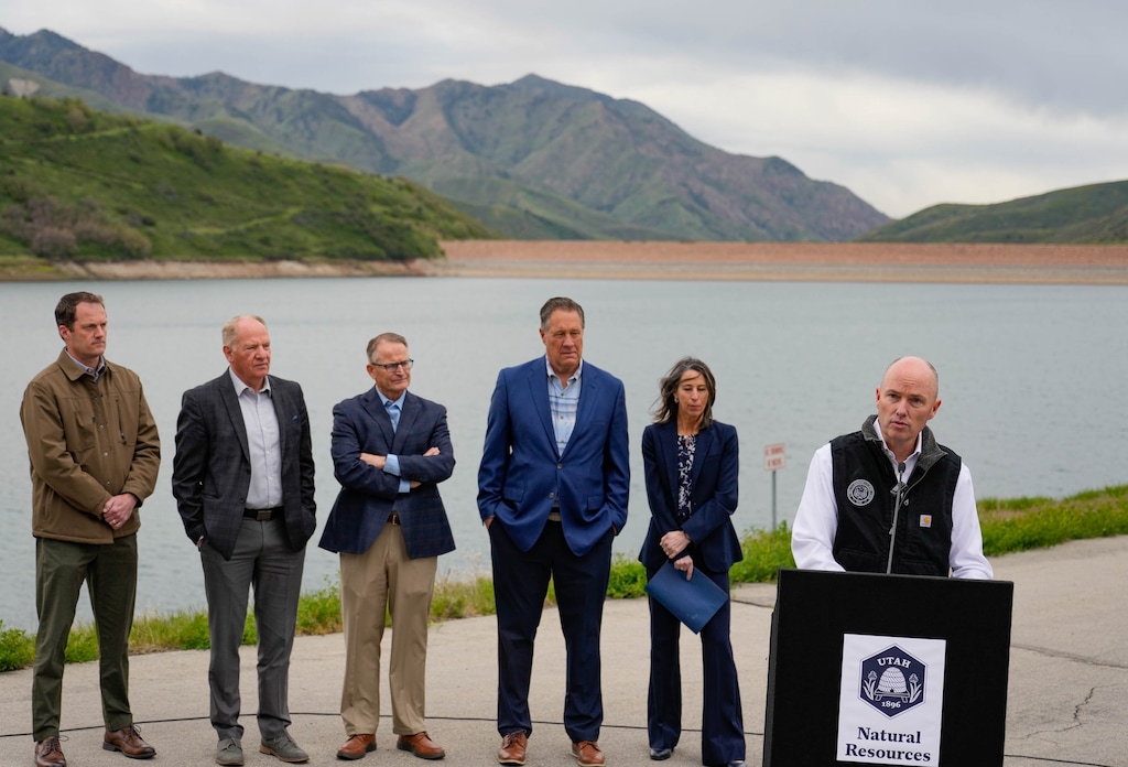 (Francisco Kjolseth | The Salt Lake Tribune) Gov. Spencer Cox, right, joins state, local and regional water leaders to provide an update on Utah’s drought conditions and water supply outlook heading into the summer months during a news event at Little Dell Reservoir on Thursday, May 21, 2026.