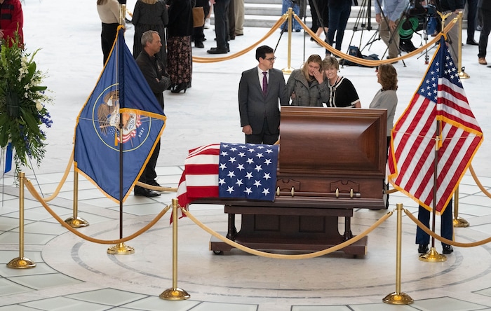 (Francisco Kjolseth | The Salt Lake Tribune) Mourners visit the casket carrying former U.S. Sen. Orrin Hatch at the Utah Capitol on Wednesday, May 4, 2022.