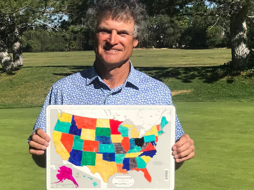 Former Salt Lake City resident Jim Behnke will have played golf in all 50 states when he completes his quest by playing golf in Alaska on July 29, 2019. Behnke kept track of the states he's played in by coloring them in on a placemat map of the U.S. and displayed it at Bonneville Golf Course on Monday, July 15, 2019.