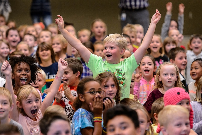 (Trent Nelson | The Salt Lake Tribune)  Students react to Utah Jazz center Rudy Gobert's entrance at Foxboro Elementary, a French immersion school, in North Salt Lake, Wednesday September 20, 2017.