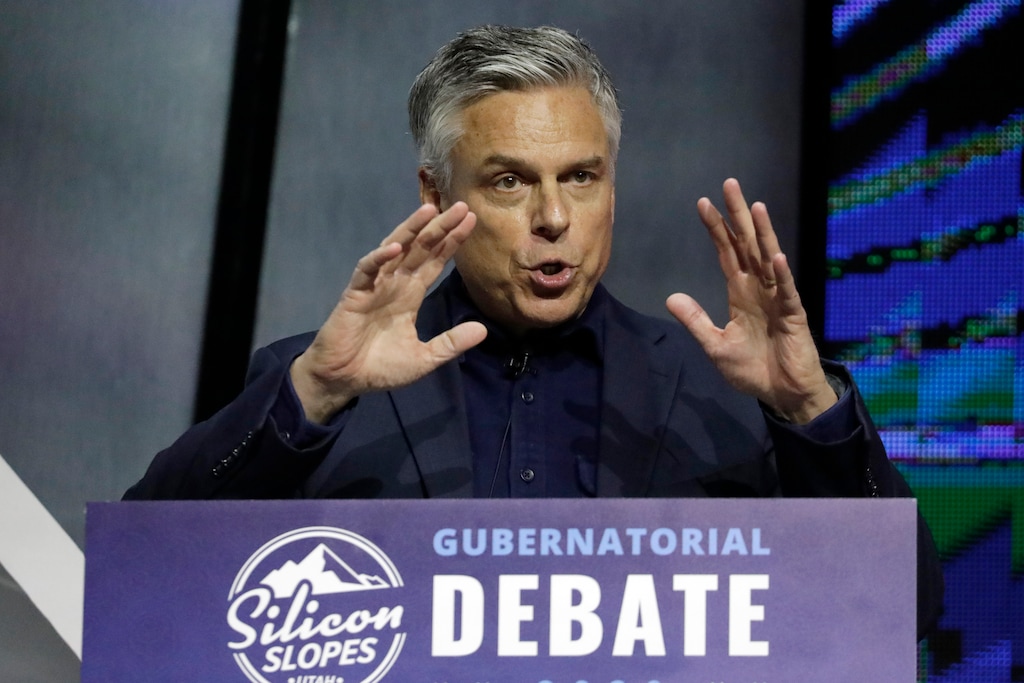FILE- Former Russia ambassador Jon Huntsman Jr. speaks during a debate for Utah's 2020 gubernatorial race on Jan. 31, 2020, in Salt Lake City. (AP Photo/Rick Bowmer, File)