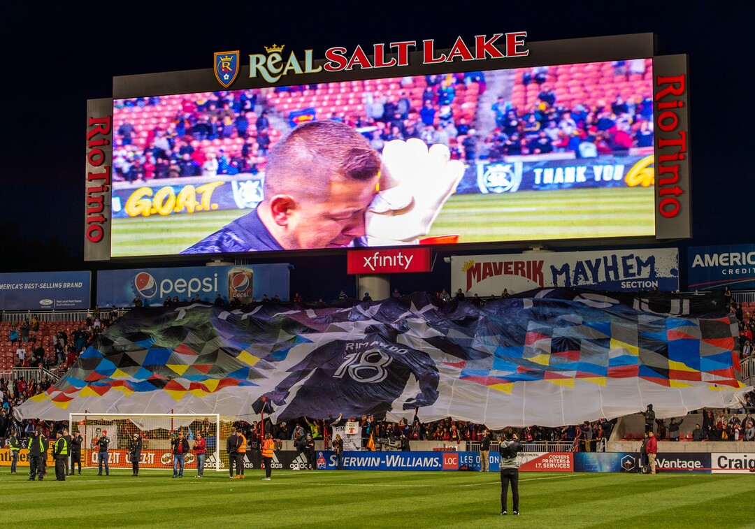 (Rick Egan  |  The Salt Lake Tribune)      An emotional Nick Rimando (18) says goodbye to the crowd during a speech after Real Salt Lake defeated the Houston Dynamo 2-1 in his last regular season home game for Real Salt Lake, in MLS soccer action, at Rio Tinto Stadium, Sunday, Sept. 29, 2019.