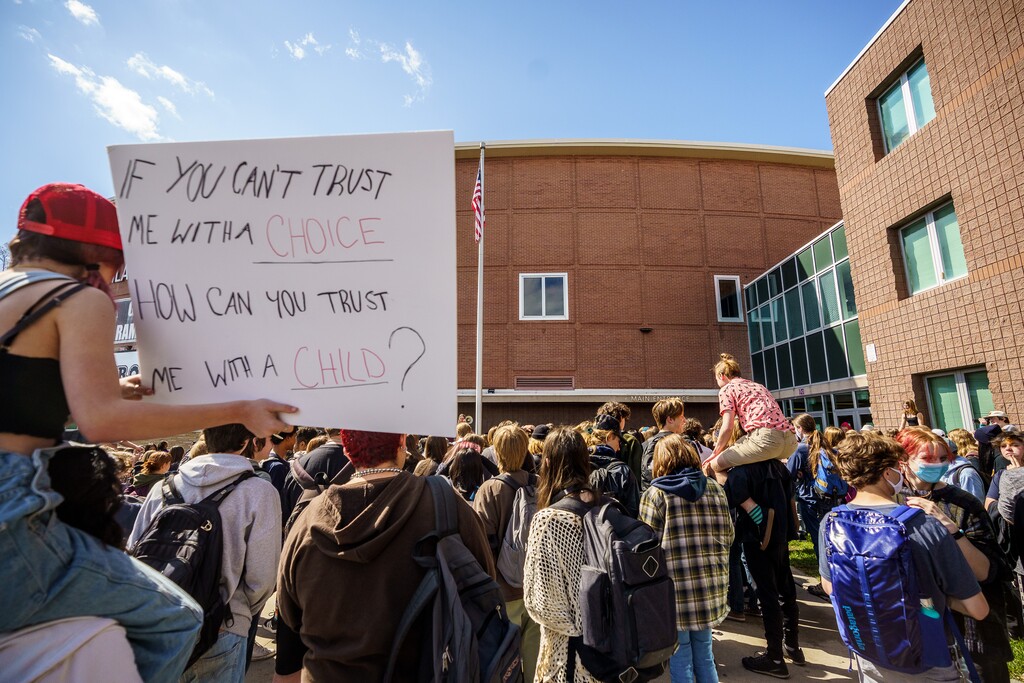(Trent Nelson  |  The Salt Lake Tribune) Students at Highland High School walk out in support of abortion rights, in Salt Lake City on Thursday, May 12, 2022.