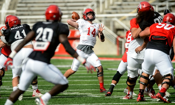 (Steve Griffin  |  The Salt Lake Tribune) Utah quarterback Jack Tuttle fires a pass downfield during the University of Utah football team's first scrimmage at Rice-Eccles Stadium in Salt Lake City Friday March 30, 2018.