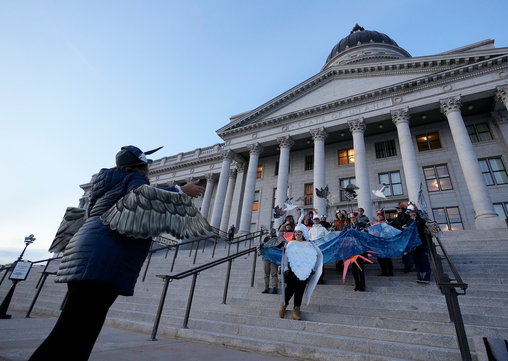 (Bethany Baker  |  The Salt Lake Tribune) Demonstrators with Making Waves for Great Salt Lake Artist Collaborative gather for a vigil for the Great Salt Lake at the Utah Capitol in Salt Lake City on Thursday, Jan. 18, 2024.