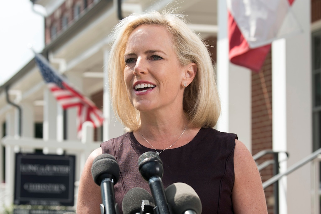 (Kevin Wolf | The Associated Press) Former Homeland Security Secretary Kirstjen Nielsen talks outside her home in Alexandria, Va., on Thursday, April 8, 2019. Nielsen says she continues to support the president’s goal of securing the border in her first public remarks since her surprise resignation.