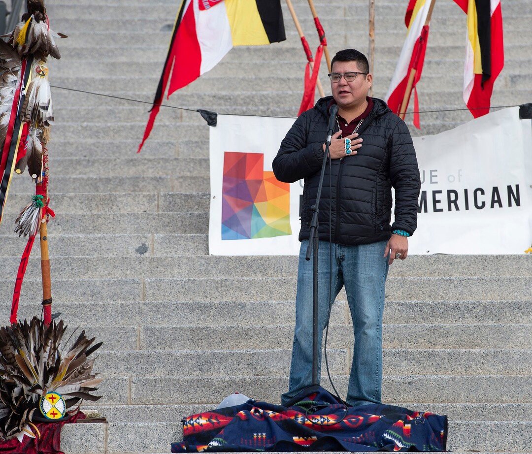 (Rick Egan  |  The Salt Lake Tribune)     Navajo Nation Council Delegate Nate Brown gives a speech as Native Americans and their supporters gather on the steps of the Utah State Capitol for a rally to oppose a resolution that would discourage the removal of Native American names or symbols from school mascots, Saturday, Jan. 25, 2020.