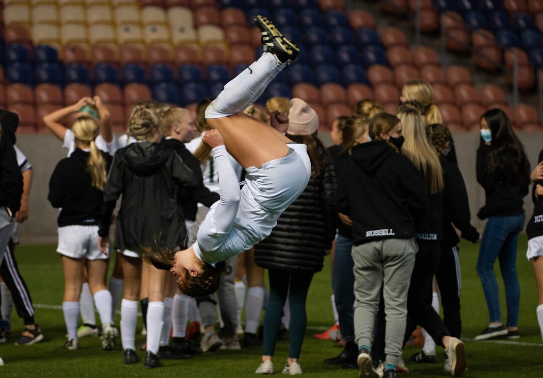 (Francisco Kjolseth  |  The Salt Lake Tribune) Sofia Ward of  Olympus celebrates with a back flip following her team’s win over Bonneville in overtime for their 5A high school girls championship game at Rio Tinto Stadium in Sandy on Friday, Oct. 23, 2020. Bonneville won 1-0 in overtime.