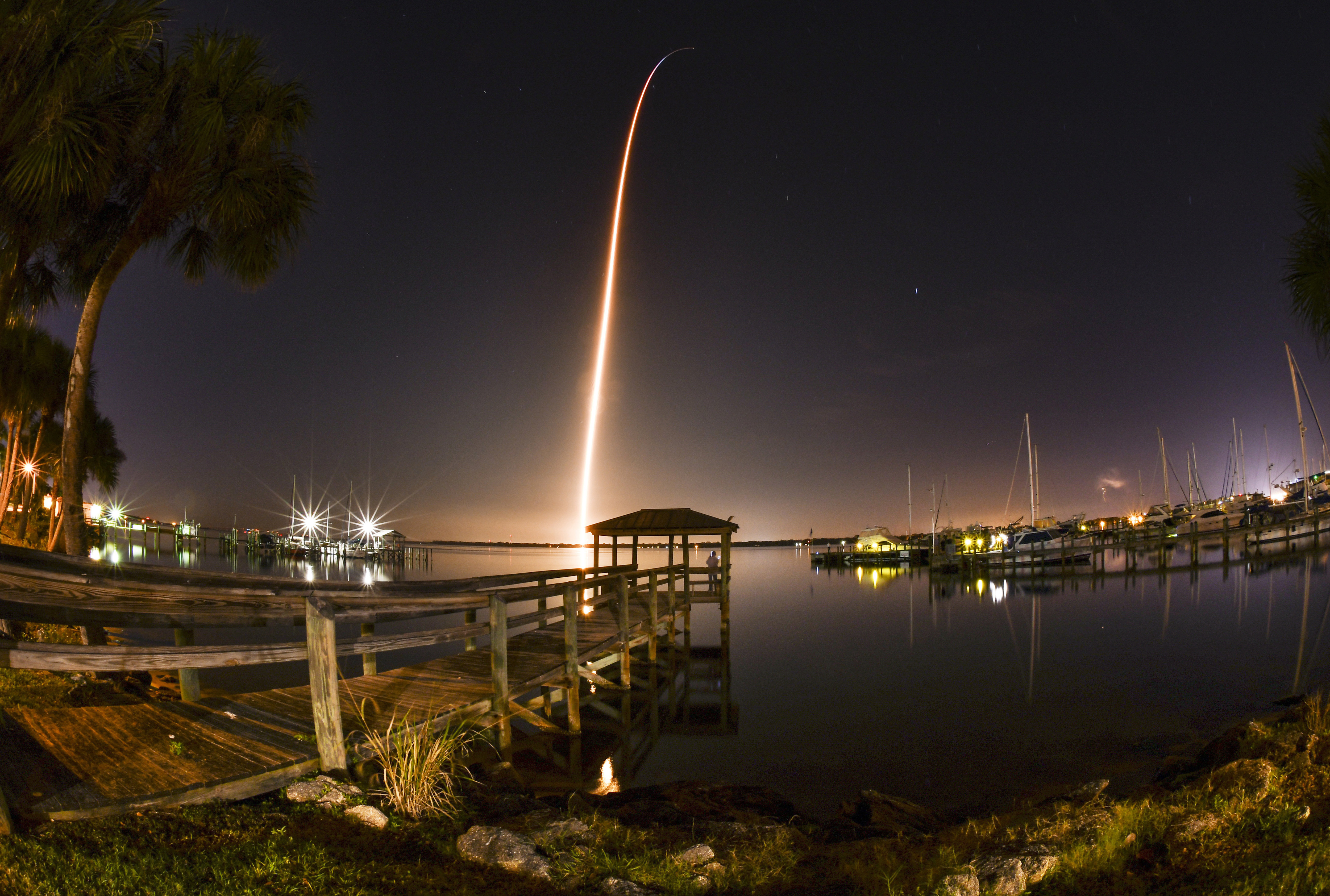 The launch of the SpaceX Crew Dragon capsule atop a Falcon 9 rocket to the International Space Station from Pad 39A at Kennedy Space Center Saturday morning, March 2, 2019, in Florida. (Malcolm Denemark/Florida Today via AP)