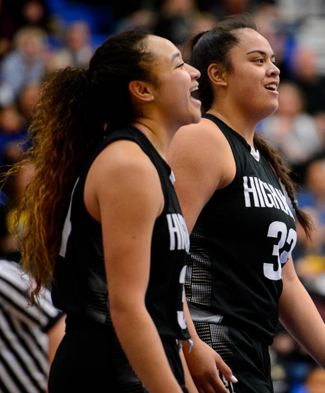 (Trent Nelson | The Salt Lake Tribune)  Highland's Misini Fifita (34) and Highland's Lana Olevao (33) as Woods Cross faces Highland in the 5A High School Girls' Basketball Tournament at SLCC in Taylorsville, Wednesday Feb. 21, 2018.