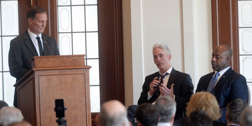 (Al Hartmann | The Salt Lake Tribune) Rep. Chris Stewart, left, moderates discussion with Rep. Trey Gowdy, R-S.C., and Sen. Tim Scott, R-S.C., at an annual security summit in Salt Lake City on Monday, March 26, 2018.