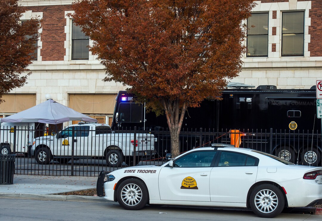 (Chris Detrick  |  The Salt Lake Tribune)  The Utah Highway Patrol mobile command center along 500 West  on the West side of Rio Grande Depot in Salt Lake City Tuesday, October 17, 2017. 