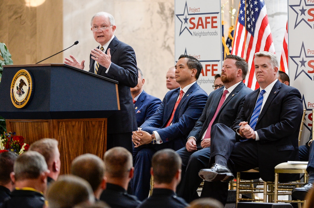 Leah Hogsten  |  The Salt Lake Tribune   U.S. Attorney General Jeff Sessions touted Project Safe Neighborhoods, Wednesday, October 3, 2018, at the Utah Capitol, on the one year anniversary since the Trump administration returned to the policy pushed by the George W. Bush administration. Under Project Safe Neighborhoods, federal prosecutors focus on security stiff sentences for those convicted of gun crimes and reducing violent crimes.