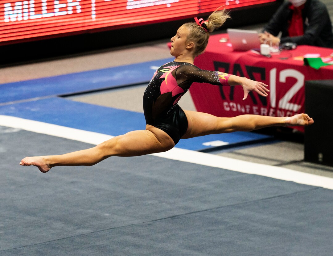 (Rick Egan | The Salt Lake Tribune) Abby Paulson competes on the floor for Utah, in PAC-12 gymnastics action Utah vs Arizona, at the Huntsman Center onSaturday, Jan. 23, 2021.