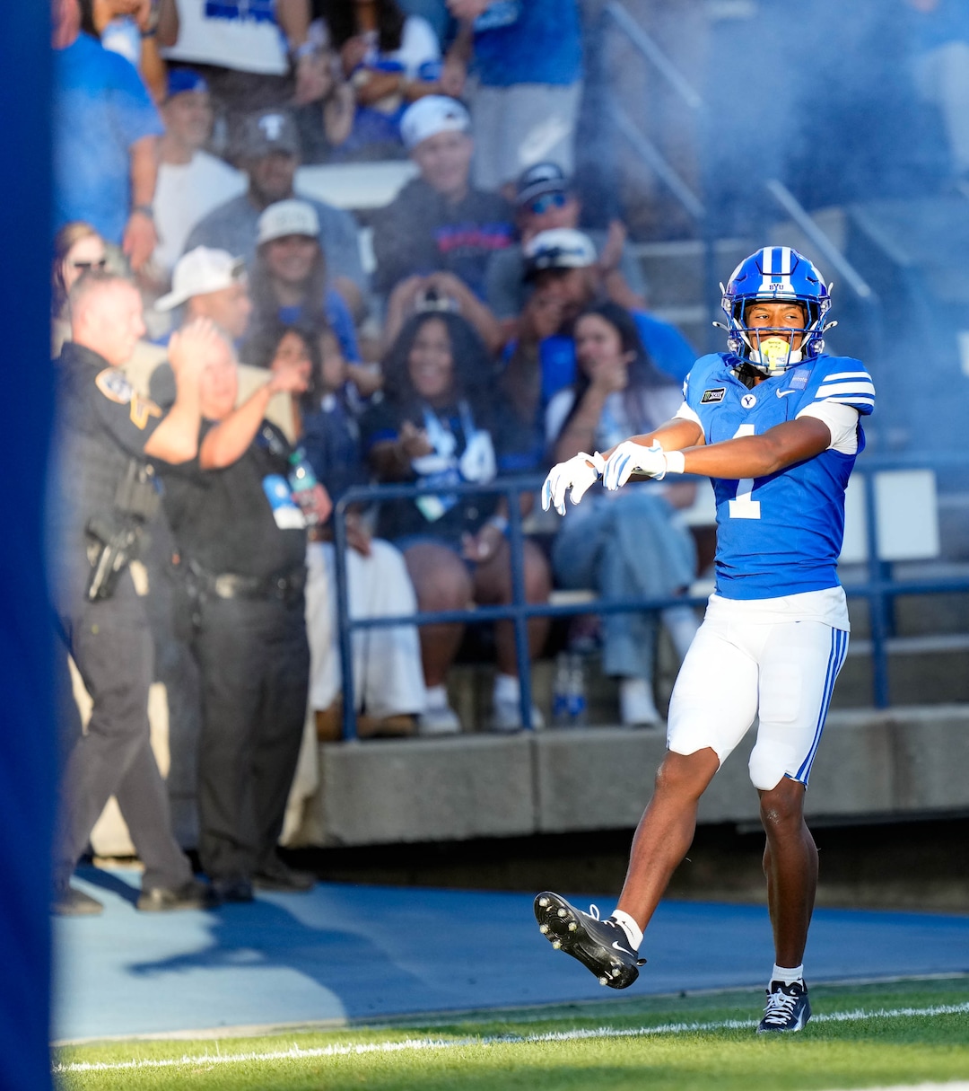(Francisco Kjolseth | The Salt Lake Tribune) BYU Cougars wide receiver Legend Glasker (1) dances in the end zone after his touchdown during the first half of an NCAA college football game against Utah Tech, Saturday, Sept. 5, 2026, at LaVell Edwards Stadium in Provo.