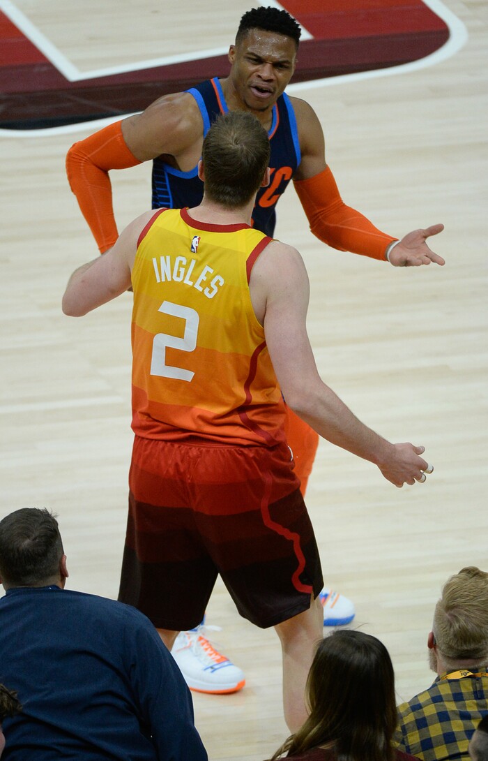 (Francisco Kjolseth  |  The Salt Lake Tribune)   Utah Jazz forward Joe Ingles (2) argues with Oklahoma City Thunder guard Russell Westbrook (0) in the NBA game at Vivint Smart Home Arena Sat., Dec. 22, 2018, in Salt Lake City.