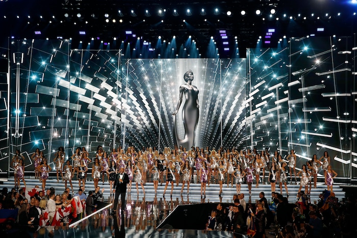 (John Locher | The Associated Press) Contestants stand on stage at the Miss Universe pageant Sunday, Nov. 26, 2017, in Las Vegas.