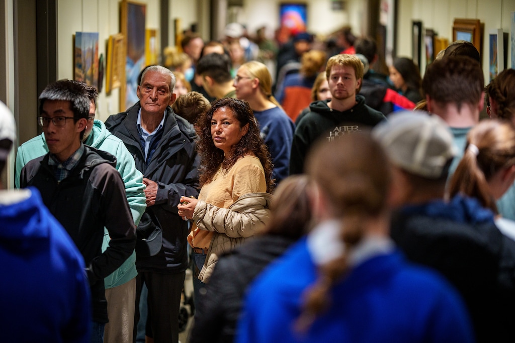 (Trent Nelson | The Salt Lake Tribune) Voters waiting in a long line at the polling station in the Utah County Health and Justice Building in Provo on Tuesday, Nov. 5, 2024.
